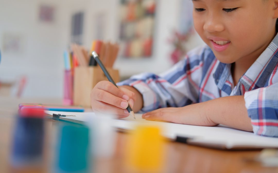 A small boy drawing a picture with coloured pencils